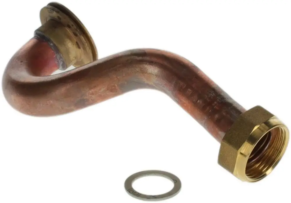 Verbindungsrohr von Bosch, gebogene Kupferrohrleitung mit einer Metallmutter und einer Dichtung, zur Verwendung in Heizungs- oder Sanitärinstallationen.